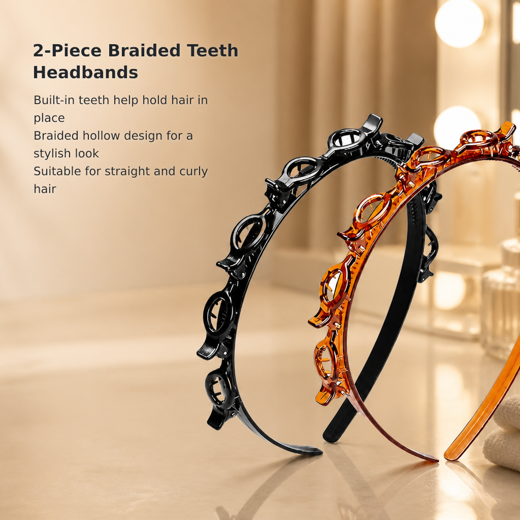 2-Pack Braided Headbands with Clips and Teeth